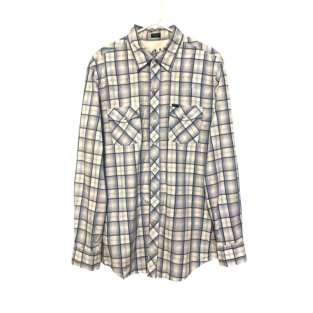 Bullhead Blue Plaid Snap Button Western Shirt Long Sleeve Pockets Logo Large